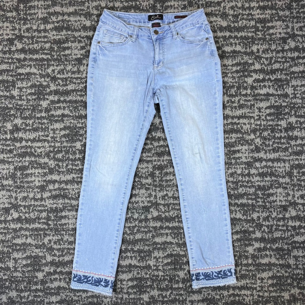 Earl Jean Skinny Ankle Jeans Women 6 Light Blue Embroidered Hem Stretch Denim